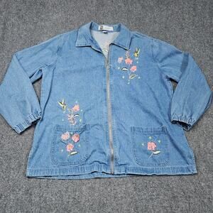 VTG Embroidered Jean Jacket Sz Large Blue Denim Full Zip Passion I Floral Nature